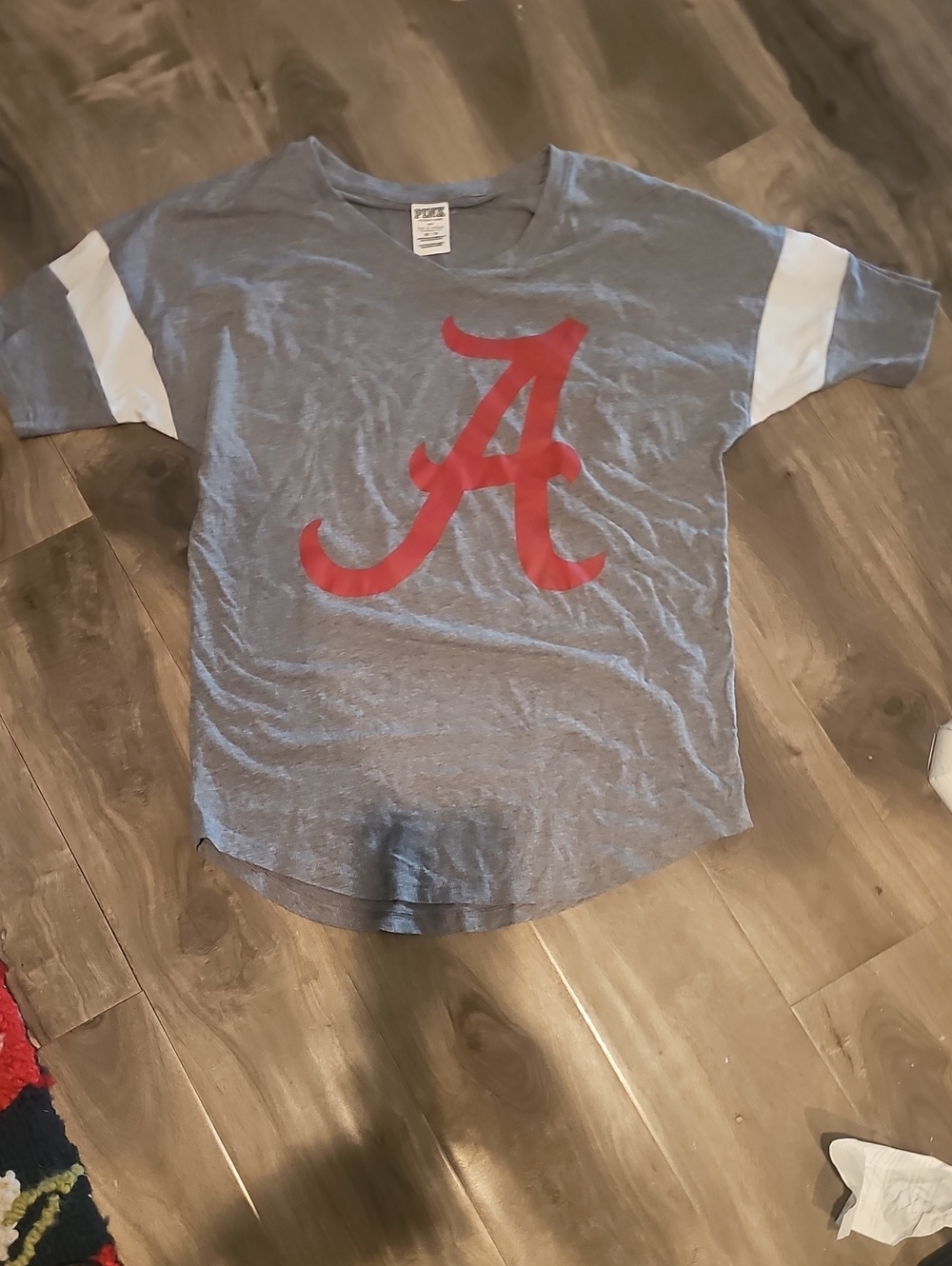 PINK Victoria's Secret Gray Tee with Red A Logo and White Sleeve Panels